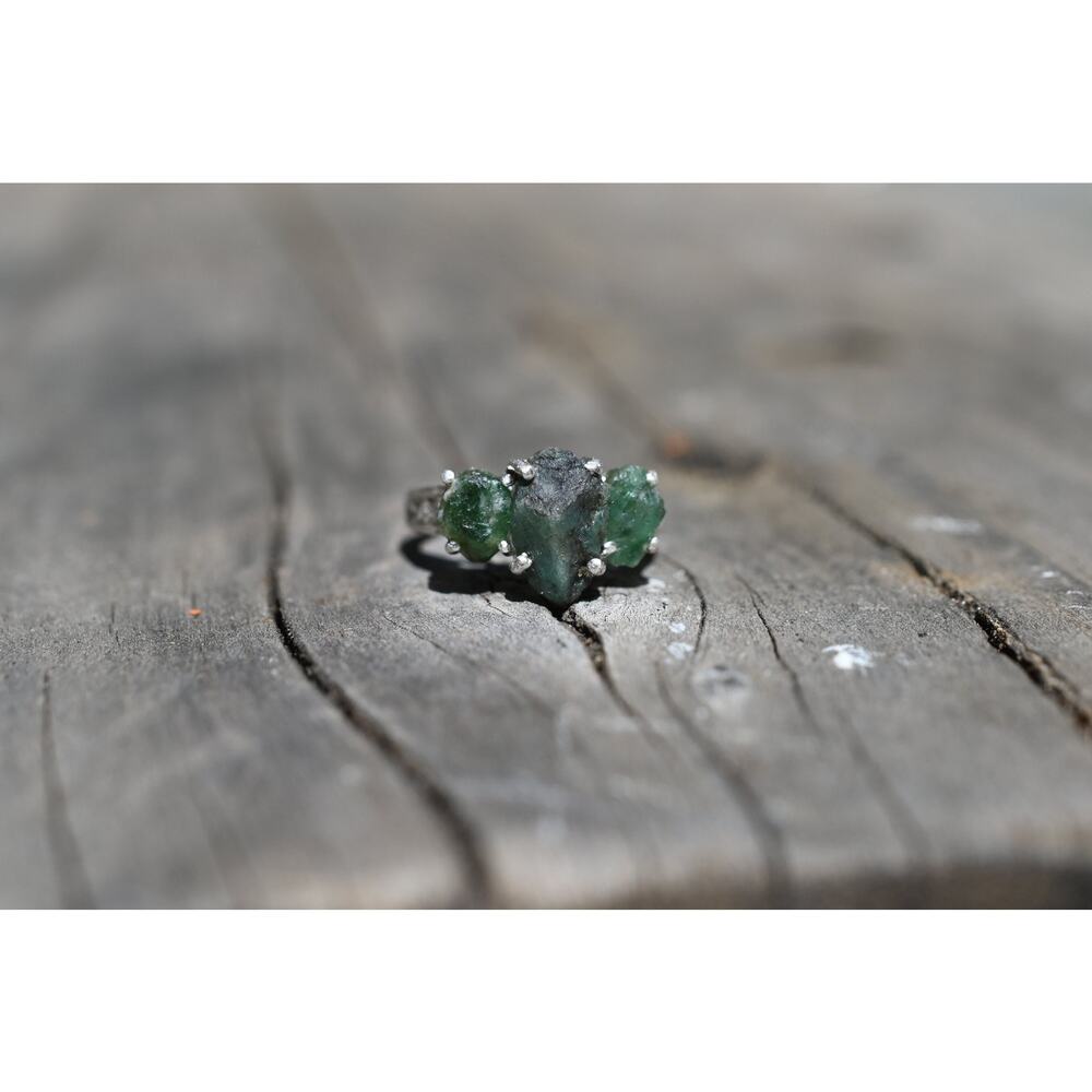 Real Emerald Rings, Genuine Uncut Emerald Jewelry, Raw Diamond Ring, Natural